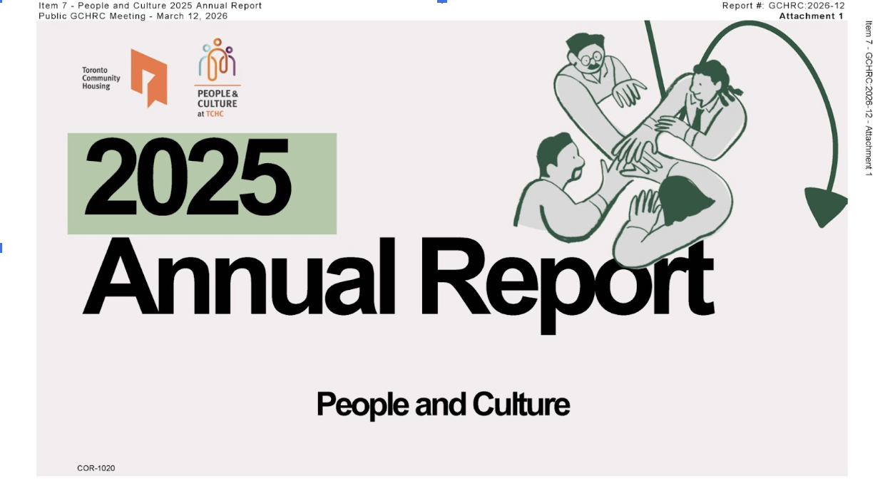Report cover reading "Toronto Community Housing - 2025 Annual Reporter - People and Culture". A graphic of four people putting there hands on top of each others to the right.
