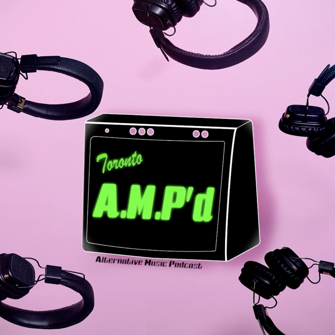 Ampd.Logo Pink background with black headphones, amplifier with AMP'd logo.