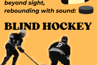 Two Toronto Ice Owls hockey players are pictured playing a orange background. Graphics of a puck and stick are the top right.