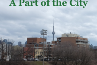 A grassy hill with buildings behind it and the CN Tower. Text at the top reads "A Party of the City" in green.