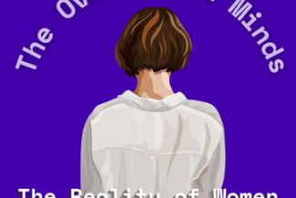 A drawing of the back of a woman with short brown hair and a white blouse, on a purple background. Text reads "The Overlooked Minds" and "The Reality of Women with ADHD"