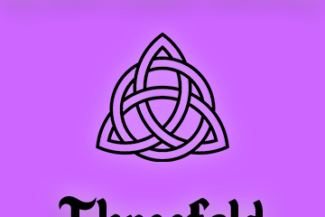 The black outline a Celtic trinity know over a purple background. The text reads "By Diane-Clayton Hatheway" and "Threefold"