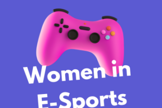 A pink gaming controller ontop of a purple background. A lighter purple heart is at the bottom. Text reads "Let's get to know" and "Women in E-Sports"