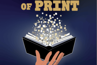 A graphic of an open book with a black cover and a hand holding it up from underneath. Small squares are coming out of the book. Text at the top reads "The Power of Print"