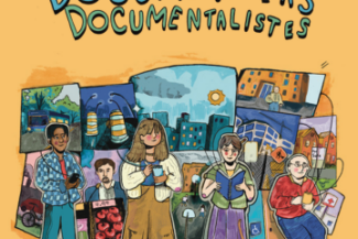 Illustration with four people holding notebooks against a backdrop of city scenes. Text above reads "Documenters Documentalistes."
