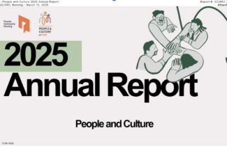 Report cover reading "Toronto Community Housing - 2025 Annual Reporter - People and Culture". A graphic of four people putting there hands on top of each others to the right.