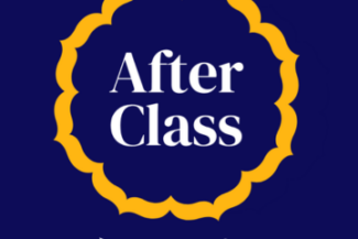An orange, geometric logo over a navy blue background. The text below says "After Class with Tia". The logo is on an old tv set.