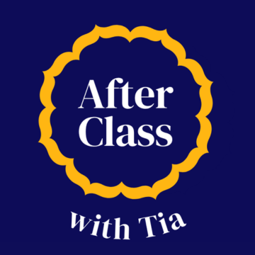 An orange, geometric logo over a navy blue background. The text below says "After Class with Tia". The logo is on an old tv set.